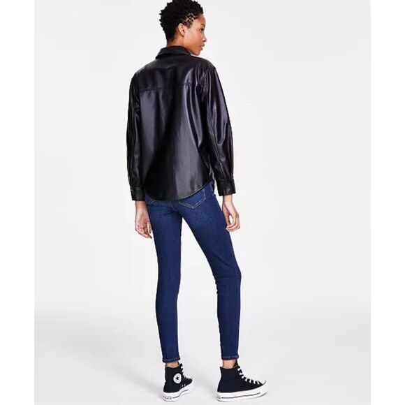 Crave Fame Juniors' Faux-Leather Button-Front Shacket Black Size XS - Picture 2 of 12